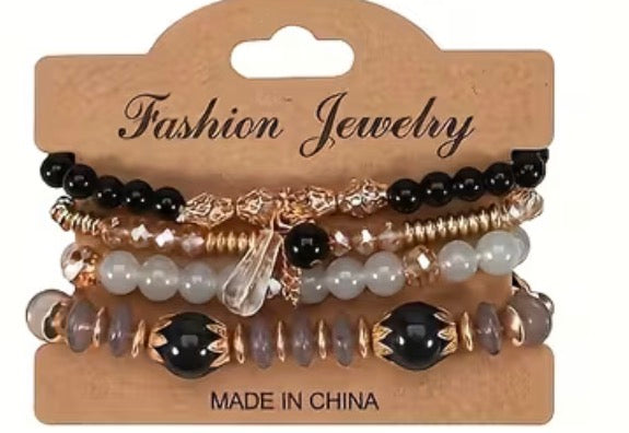 Title: Women’s Beaded Stretch Bracelet Stack Set, 4-Piece Boho Fashion Jewelry Set with Gold-Tone Charms, Colorful Beaded Bracelets for Women and Girls