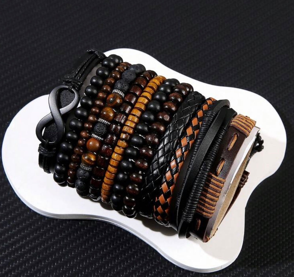 12-Piece Men’s Bracelet Set, Leather and Beaded Stackable Bracelets, Wooden Beads, Braided Wristbands, Casual Fashion Jewelry for Men, Black & Brown