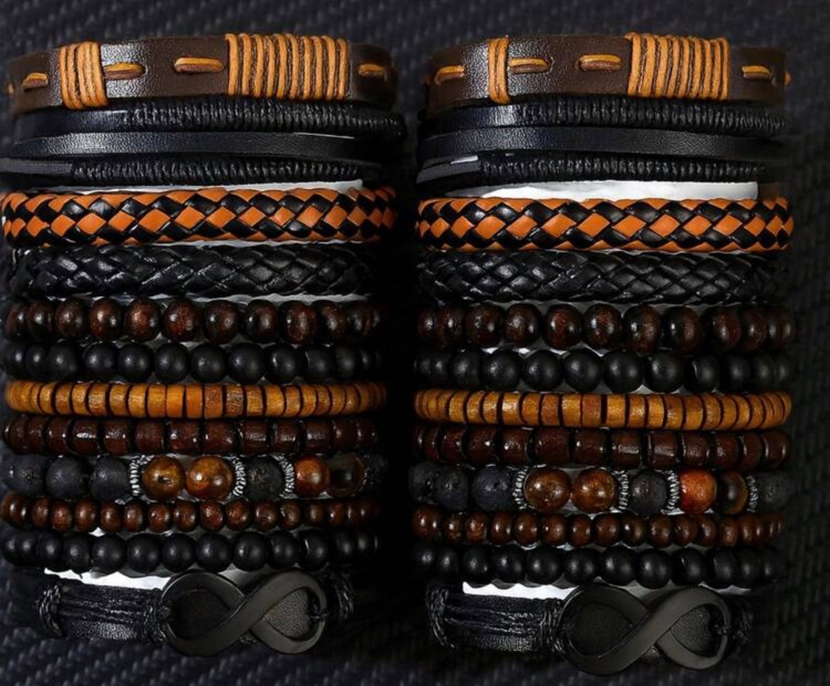 12-Piece Men’s Bracelet Set, Leather and Beaded Stackable Bracelets, Wooden Beads, Braided Wristbands, Casual Fashion Jewelry for Men, Black & Brown