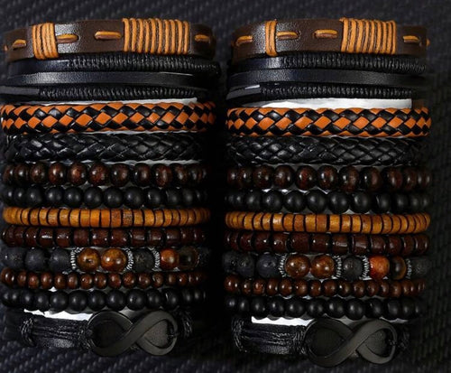 12-Piece Men’s Bracelet Set, Leather and Beaded Stackable Bracelets, Wooden Beads, Braided Wristbands, Casual Fashion Jewelry for Men, Black & Brown