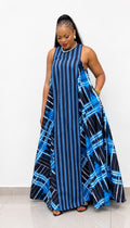 Women’s Blue African Print Maxi Dress – Sleeveless Long Casual Dress