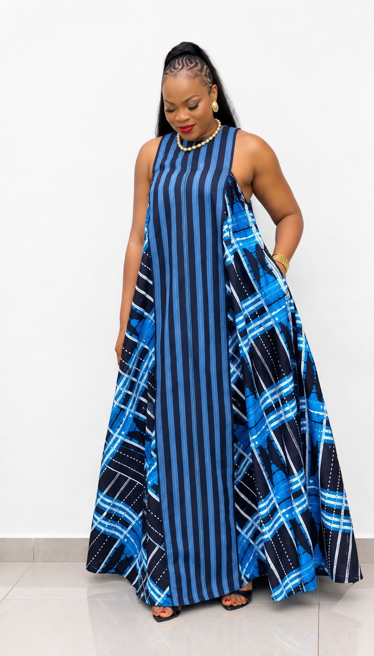 Women’s Blue African Print Maxi Dress – Sleeveless Long Casual Dress