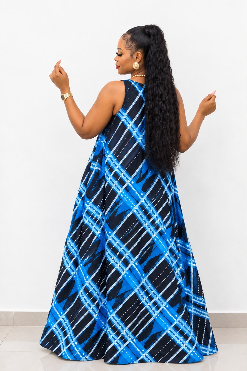 Women’s Blue African Print Maxi Dress – Sleeveless Long Casual Dress