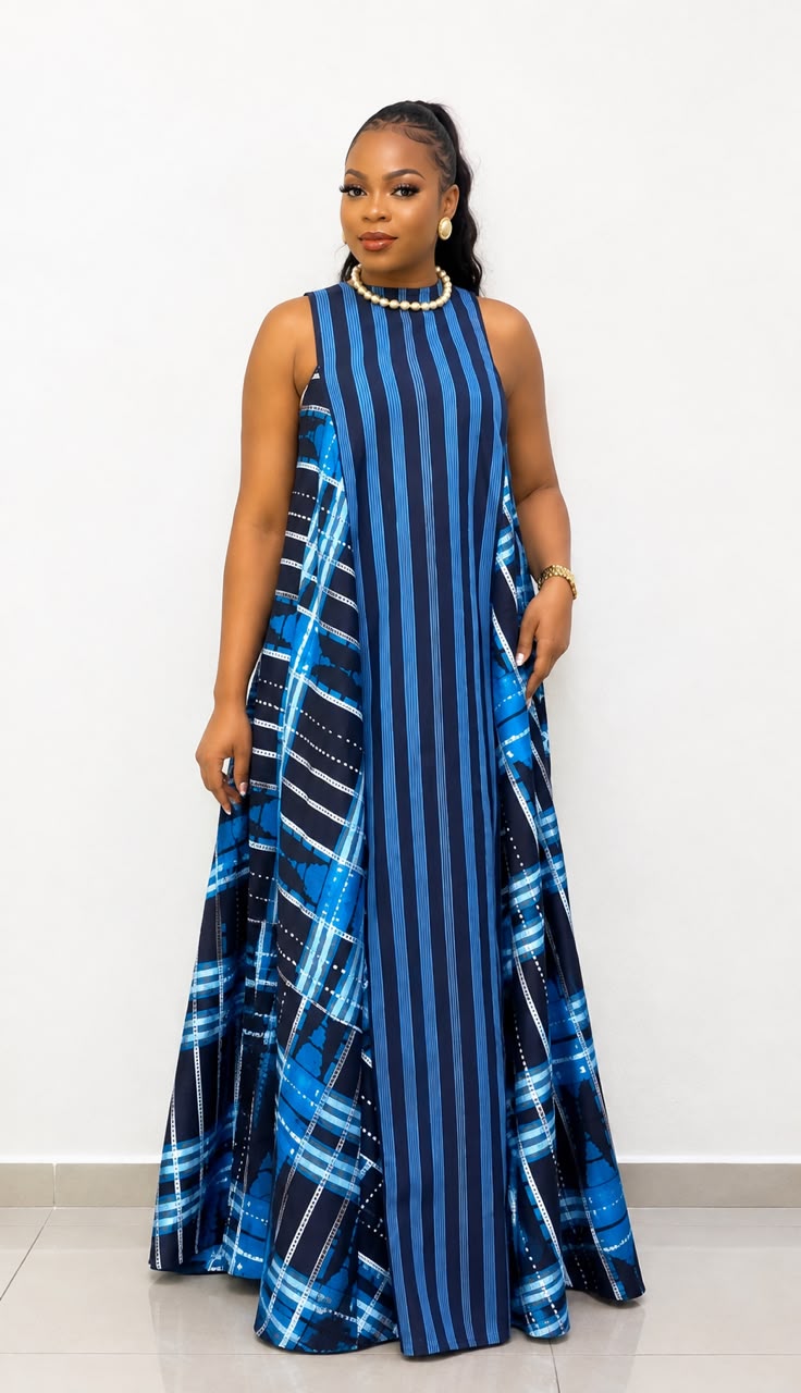 Women’s Blue African Print Maxi Dress – Sleeveless Long Casual Dress