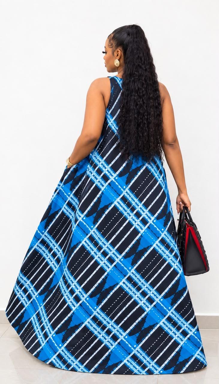 Women’s Blue African Print Maxi Dress – Sleeveless Long Casual Dress