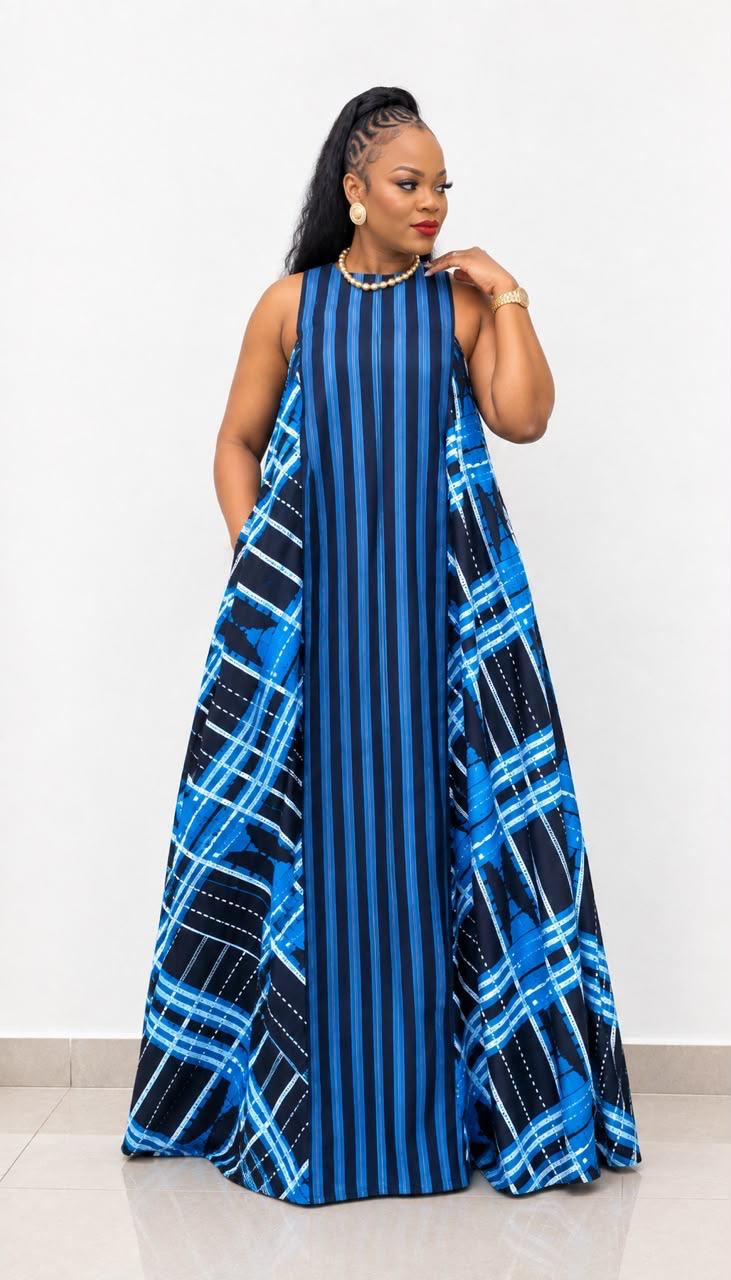 Women’s Blue African Print Maxi Dress – Sleeveless Long Casual Dress