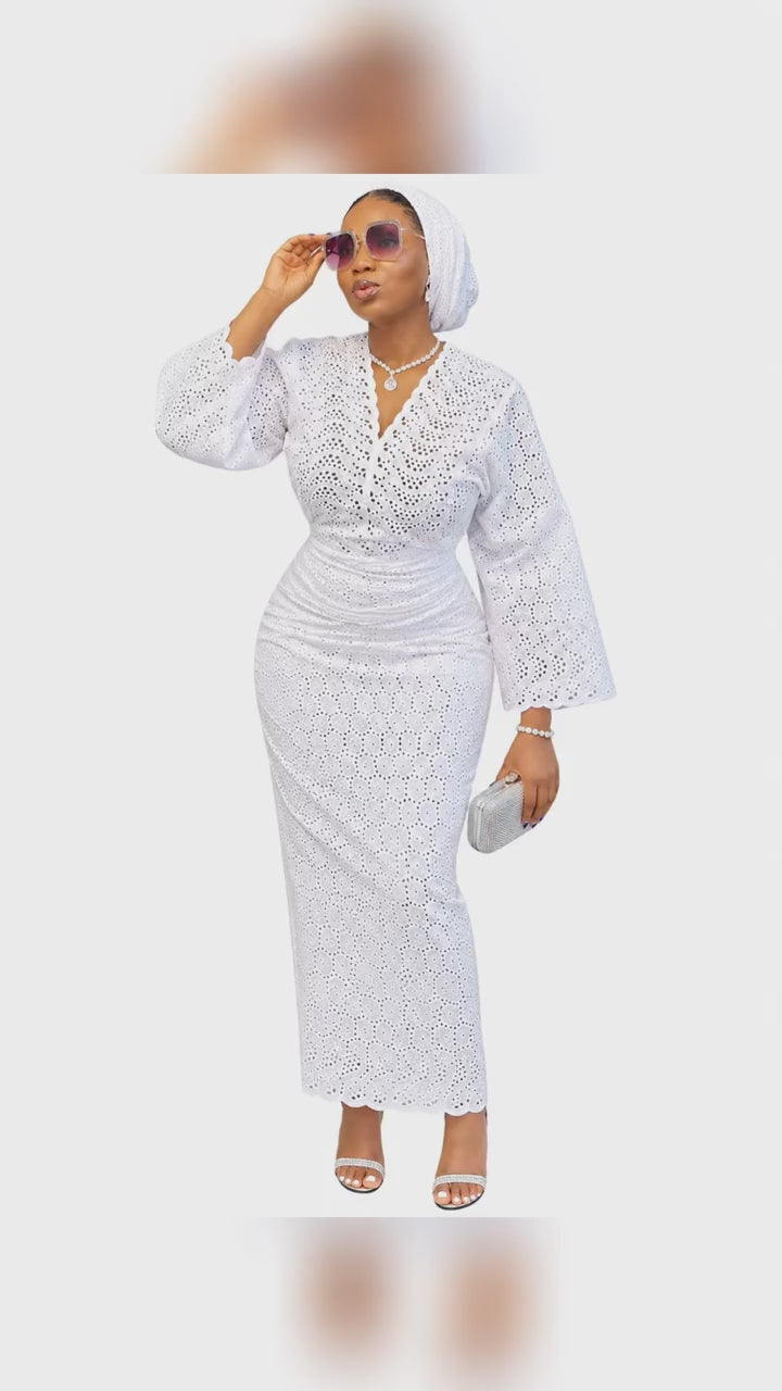 Women’s African Lace Iro and Buba Two-Piece Outfit with Matching Headwrap – Elegant Traditional Dress